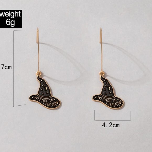Gold & Black Wizard in Training Witch Wizard Hat Halloween Earrings NEW - Picture 5 of 6